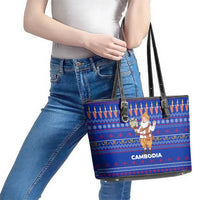 Cambodia Christmas Leather Tote Bag with Santa in Traditional Outfit Elephant Dancers and Snowflake Pattern - Wonder Print Shop