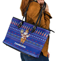 Cambodia Christmas Leather Tote Bag with Santa in Traditional Outfit Elephant Dancers and Snowflake Pattern - Wonder Print Shop