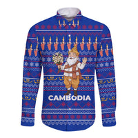 Cambodia Christmas Long Sleeve Button Shirt with Santa in Traditional Outfit Elephant Dancers and Snowflake Pattern - Wonder Print Shop