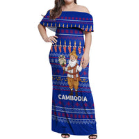 Cambodia Christmas Off Shoulder Maxi Dress with Santa in Traditional Outfit Elephant Dancers and Snowflake Pattern - Wonder Print Shop