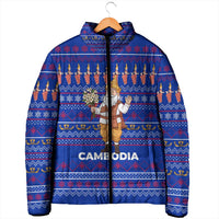 Cambodia Christmas Padded Jacket with Santa in Traditional Outfit Elephant Dancers and Snowflake Pattern - Wonder Print Shop