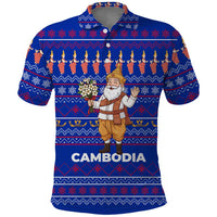 Cambodia Christmas Polo Shirt with Santa in Traditional Outfit Elephant Dancers and Snowflake Pattern - Wonder Print Shop