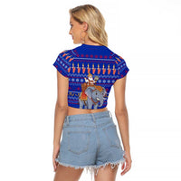 Cambodia Christmas Raglan Cropped T Shirt with Santa in Traditional Outfit Elephant Dancers and Snowflake Pattern - Wonder Print Shop