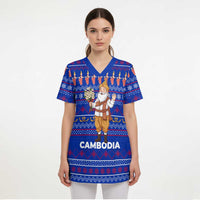 Cambodia Christmas Scrub Top with Santa in Traditional Outfit Elephant Dancers and Snowflake Pattern - Wonder Print Shop