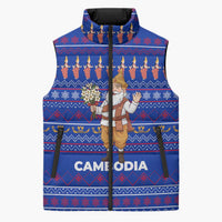 Cambodia Christmas Sleeveless Puffer Jacket with Santa in Traditional Outfit Elephant Dancers and Snowflake Pattern - Wonder Print Shop