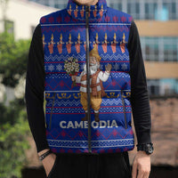 Cambodia Christmas Sleeveless Puffer Jacket with Santa in Traditional Outfit Elephant Dancers and Snowflake Pattern - Wonder Print Shop