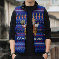 Cambodia Christmas Sleeveless Puffer Jacket with Santa in Traditional Outfit Elephant Dancers and Snowflake Pattern - Wonder Print Shop