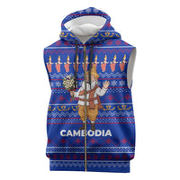 Cambodia Christmas Sleeveless Zip Hoodie with Santa in Traditional Outfit Elephant Dancers and Snowflake Pattern - Wonder Print Shop