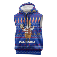 Cambodia Christmas Sleeveless Zip Hoodie with Santa in Traditional Outfit Elephant Dancers and Snowflake Pattern - Wonder Print Shop