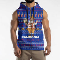 Cambodia Christmas Sleeveless Zip Hoodie with Santa in Traditional Outfit Elephant Dancers and Snowflake Pattern - Wonder Print Shop