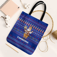 Cambodia Christmas Tote Bag with Santa in Traditional Outfit Elephant Dancers and Snowflake Pattern - Wonder Print Shop