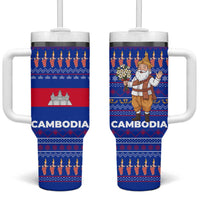 Cambodia Christmas Tumbler With Handle with Santa in Traditional Outfit Elephant Dancers and Snowflake Pattern - Wonder Print Shop