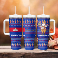 Cambodia Christmas Tumbler With Handle with Santa in Traditional Outfit Elephant Dancers and Snowflake Pattern - Wonder Print Shop