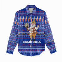 Cambodia Christmas Women Casual Shirt with Santa in Traditional Outfit Elephant Dancers and Snowflake Pattern - Wonder Print Shop