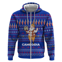 Cambodia Christmas Zip Hoodie with Santa in Traditional Outfit Elephant Dancers and Snowflake Pattern - Wonder Print Shop