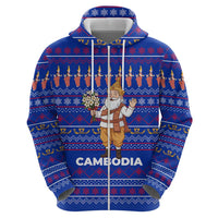 Cambodia Christmas Zip Hoodie with Santa in Traditional Outfit Elephant Dancers and Snowflake Pattern - Wonder Print Shop