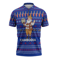 Cambodia Christmas Zipper Polo Shirt with Santa in Traditional Outfit Elephant Dancers and Snowflake Pattern - Wonder Print Shop