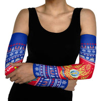 Cambodia Christmas Arm Sleeves with Buffalo Children Holiday Tree Snowflakes and Khmer Pattern Design - Wonder Print Shop