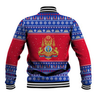 Cambodia Christmas Baseball Jacket with Buffalo Children Holiday Tree Snowflakes and Khmer Pattern Design - Wonder Print Shop
