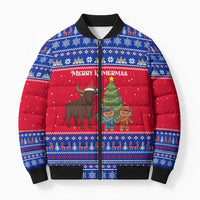 Cambodia Christmas Bomber Puffer Jacket with Buffalo Children Holiday Tree Snowflakes and Khmer Pattern Design - Wonder Print Shop