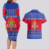 Cambodia Christmas Couples Matching Long Sleeve Bodycon Dress and Hawaiian Shirt with Buffalo Children Holiday Tree Snowflakes and Khmer Pattern Design - Wonder Print Shop