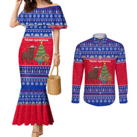 Cambodia Christmas Couples Matching Mermaid Dress and Long Sleeve Button Shirt with Buffalo Children Holiday Tree Snowflakes and Khmer Pattern Design - Wonder Print Shop