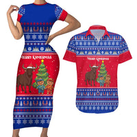 Cambodia Christmas Couples Matching Short Sleeve Bodycon Dress and Hawaiian Shirt with Buffalo Children Holiday Tree Snowflakes and Khmer Pattern Design - Wonder Print Shop