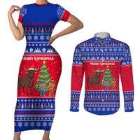 Cambodia Christmas Couples Matching Short Sleeve Bodycon Dress and Long Sleeve Button Shirt with Buffalo Children Holiday Tree Snowflakes and Khmer Pattern Design - Wonder Print Shop