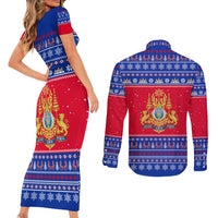 Cambodia Christmas Couples Matching Short Sleeve Bodycon Dress and Long Sleeve Button Shirt with Buffalo Children Holiday Tree Snowflakes and Khmer Pattern Design - Wonder Print Shop