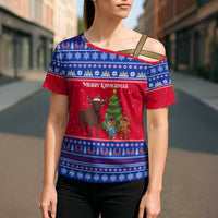 Cambodia Christmas Cross Shoulder Shirt with Buffalo Children Holiday Tree Snowflakes and Khmer Pattern Design - Wonder Print Shop