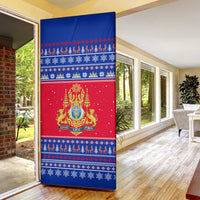 Cambodia Christmas Door Cover with Buffalo Children Holiday Tree Snowflakes and Khmer Pattern Design - Wonder Print Shop