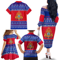 Cambodia Christmas Family Matching Off The Shoulder Long Sleeve Dress and Hawaiian Shirt with Buffalo Children Holiday Tree Snowflakes and Khmer Pattern Design - Wonder Print Shop