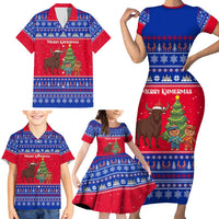 Cambodia Christmas Family Matching Short Sleeve Bodycon Dress and Hawaiian Shirt with Buffalo Children Holiday Tree Snowflakes and Khmer Pattern Design - Wonder Print Shop
