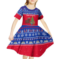 Cambodia Christmas Kid Short Sleeve Dress with Buffalo Children Holiday Tree Snowflakes and Khmer Pattern Design - Wonder Print Shop