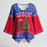 Cambodia Christmas Kimono Sleeve Blouse with Buffalo Children Holiday Tree Snowflakes and Khmer Pattern Design - Wonder Print Shop