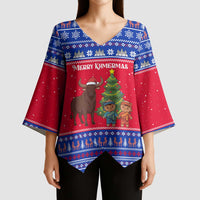 Cambodia Christmas Kimono Sleeve Blouse with Buffalo Children Holiday Tree Snowflakes and Khmer Pattern Design - Wonder Print Shop