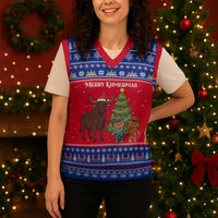 Cambodia Christmas Knitted V-Neck Vest with Buffalo Children Holiday Tree Snowflakes and Khmer Pattern Design - Wonder Print Shop
