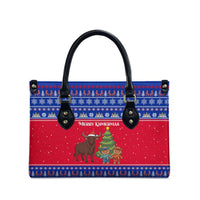 Cambodia Christmas Leather Bag with Buffalo Children Holiday Tree Snowflakes and Khmer Pattern Design - Wonder Print Shop