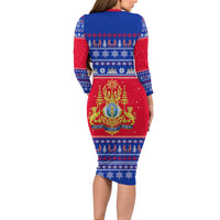 Cambodia Christmas Long Sleeve Bodycon Dress with Buffalo Children Holiday Tree Snowflakes and Khmer Pattern Design - Wonder Print Shop