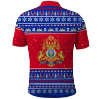 Cambodia Christmas Polo Shirt with Buffalo Children Holiday Tree Snowflakes and Khmer Pattern Design - Wonder Print Shop
