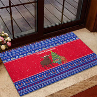 Cambodia Christmas Rubber Doormat with Buffalo Children Holiday Tree Snowflakes and Khmer Pattern Design - Wonder Print Shop