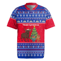 Cambodia Christmas Rugby Jersey with Buffalo Children Holiday Tree Snowflakes and Khmer Pattern Design - Wonder Print Shop