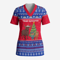 Cambodia Christmas Scrub Top with Buffalo Children Holiday Tree Snowflakes and Khmer Pattern Design - Wonder Print Shop