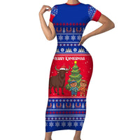 Cambodia Christmas Short Sleeve Bodycon Dress with Buffalo Children Holiday Tree Snowflakes and Khmer Pattern Design - Wonder Print Shop