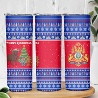 Cambodia Christmas Skinny Tumbler with Buffalo Children Holiday Tree Snowflakes and Khmer Pattern Design - Wonder Print Shop