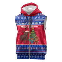 Cambodia Christmas Sleeveless Zip Hoodie with Buffalo Children Holiday Tree Snowflakes and Khmer Pattern Design - Wonder Print Shop