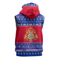 Cambodia Christmas Sleeveless Zip Hoodie with Buffalo Children Holiday Tree Snowflakes and Khmer Pattern Design - Wonder Print Shop