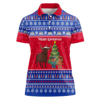 Cambodia Christmas Women Polo Shirt with Buffalo Children Holiday Tree Snowflakes and Khmer Pattern Design - Wonder Print Shop