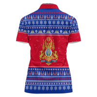 Cambodia Christmas Women Polo Shirt with Buffalo Children Holiday Tree Snowflakes and Khmer Pattern Design - Wonder Print Shop