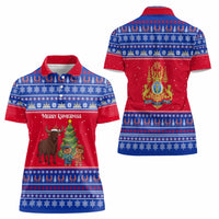 Cambodia Christmas Women Polo Shirt with Buffalo Children Holiday Tree Snowflakes and Khmer Pattern Design - Wonder Print Shop